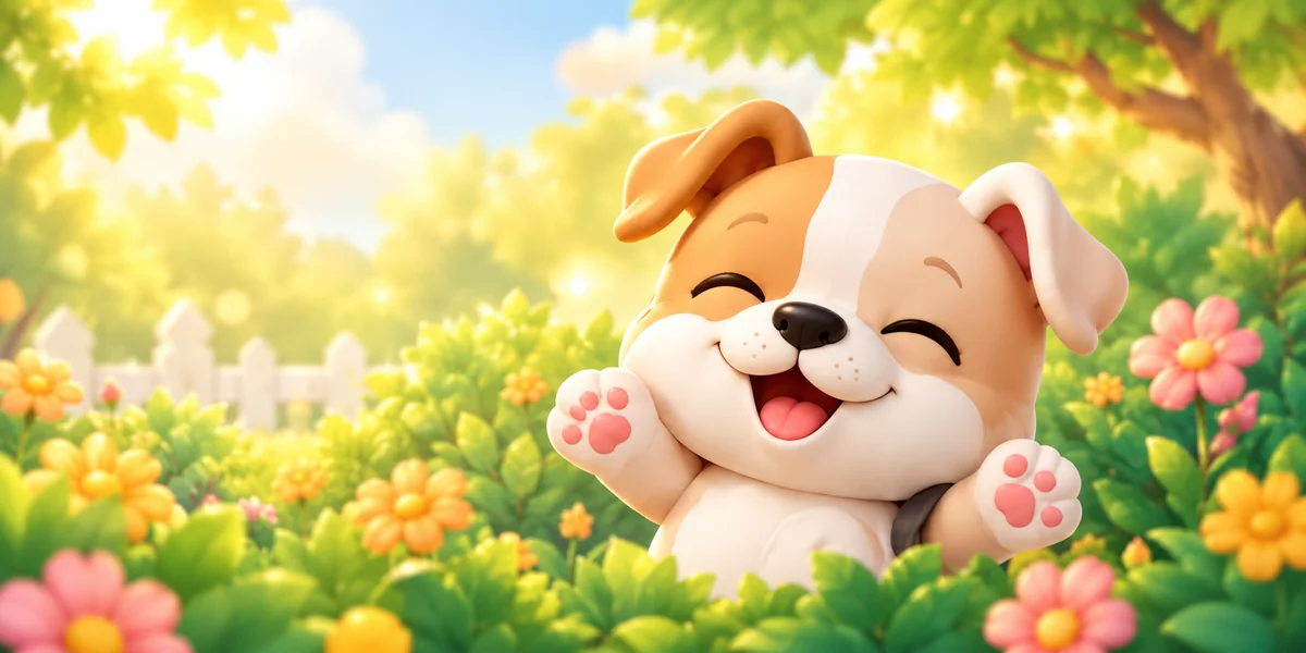 A happy pet playing in a sunny garden